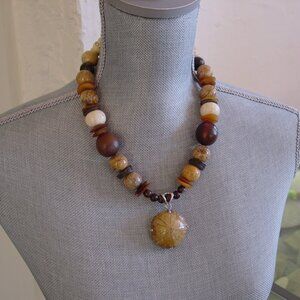 Tropical Necklace, Wood & Porcelain Beads, Sea Biscuit Stone Pendant, NWT